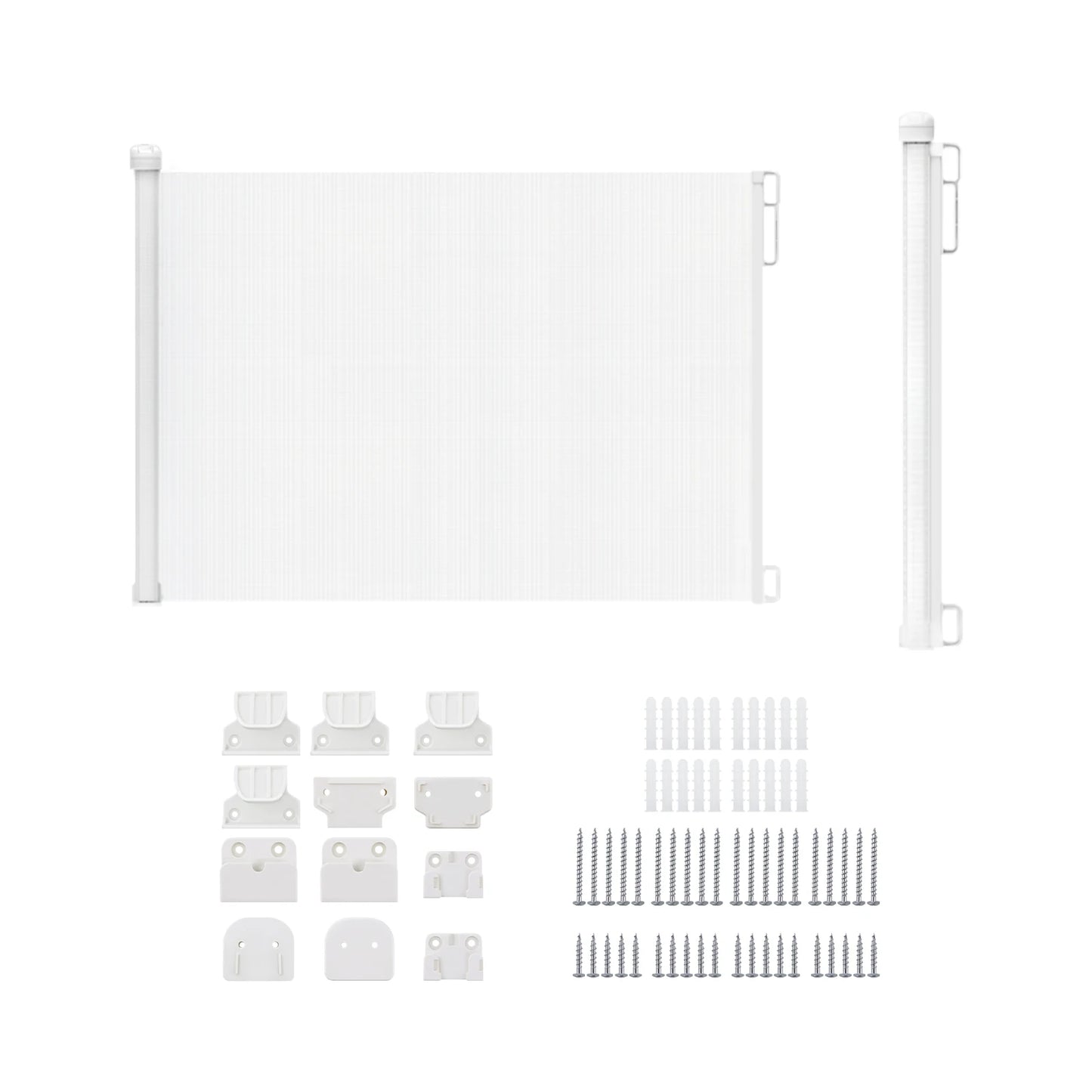 White baby gate with components on a white background