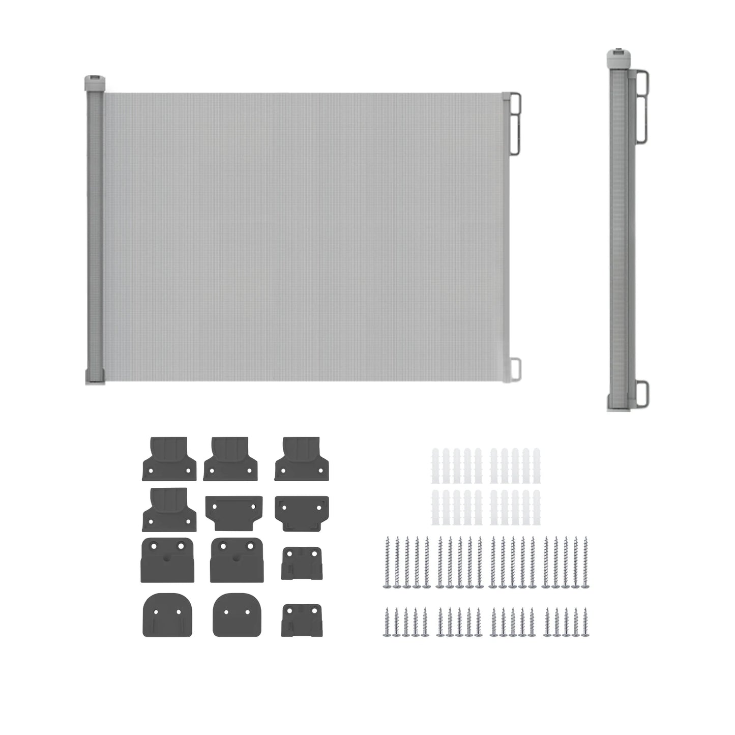 Grey baby gate with components on a white background