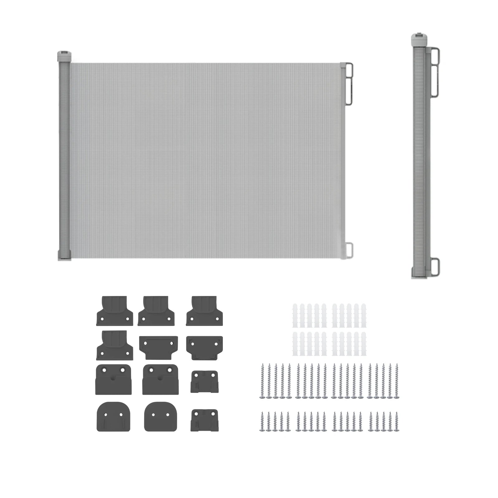 Grey baby gate with components on a white background