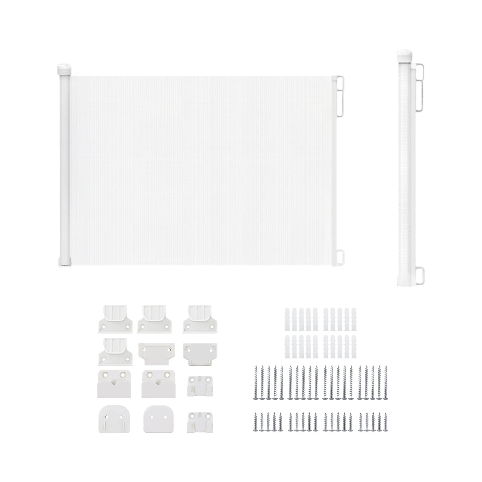 White baby gate with components on a white background